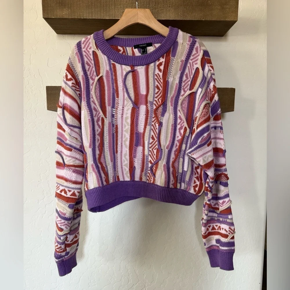 Forever 21|Vintage coogi style grandpa sweater,Colorful pastel & textured•LARGE